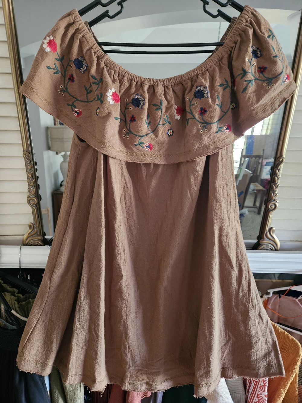 Wishlist Brown Off-Shoulder Mini Dress with Multicolor Floral Embroidery